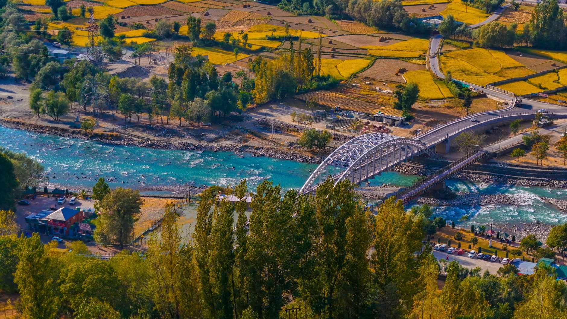 Aerial view of houseboats and greenery in Kashmir